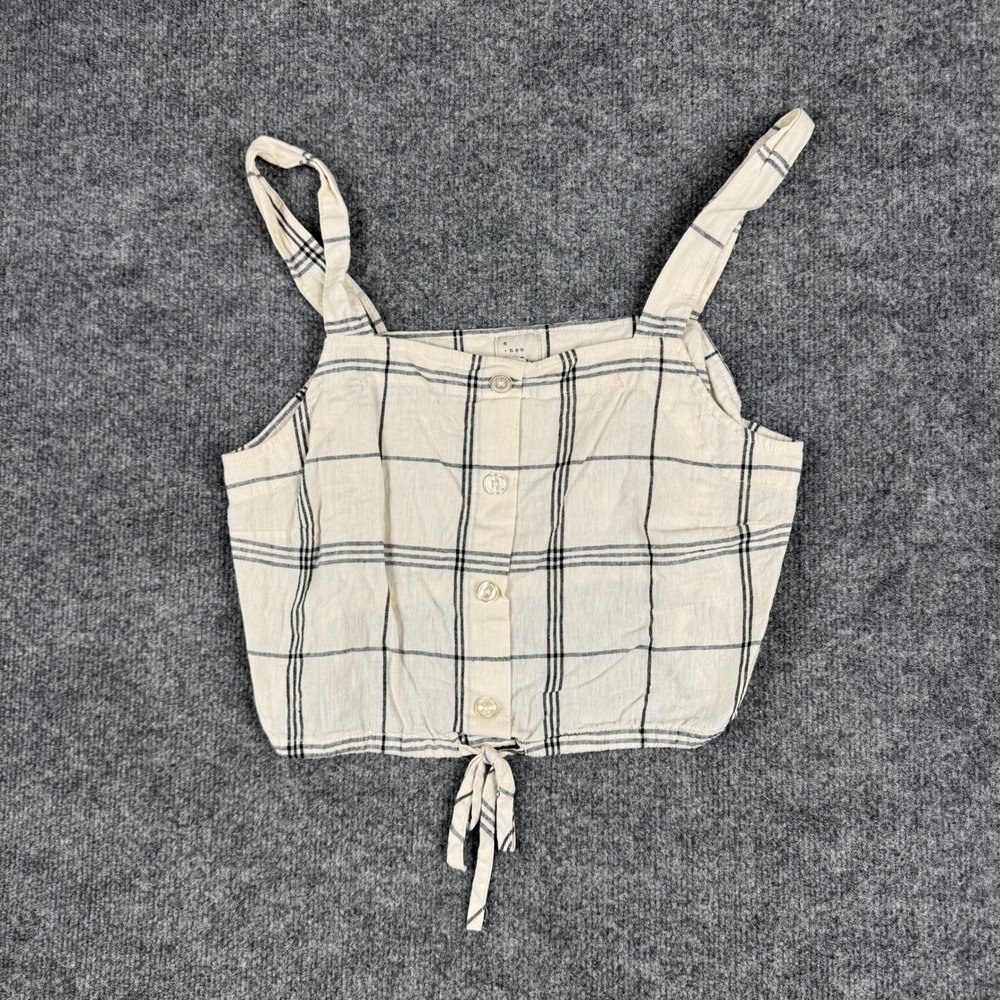 A New Day Tank Top Womens Size M Beige Plaid Linen Blend Button Front Tie Crop
